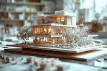 Illuminated scale model of a modern house design Generative AI image