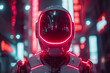 © ADDICTIVE STOCK - Futuristic robot with glowing red lights in city at night Generative AI image