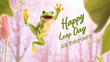 Happy green frog jumping on a pastel spring background with the text 
