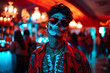 © ADDICTIVE STOCK - Man with skull makeup in a vibrant party scene Generative AI image