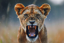 Young lion roaring in the gentle rain close-up Generative AI image