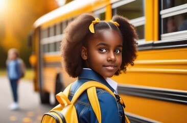 Happy smiling 10 year old dark skinned girl with dark hair, wearing school uniform with backpack, walking towards school bus, bus in blur. The girl smiles, turns around and looks at the camera