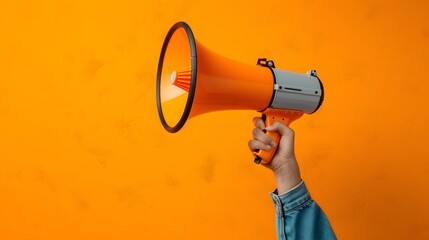 Hand holding megaphone, marketing and sales, orange background, Generative AI