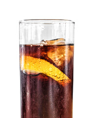 cola with ice and fresh lemon in a glass on a white background, fresh frizzy beverage drink