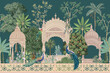 © MdSayeed - Mughal garden with peacock, parrot, plant and botanical tree landscape illustration pattern