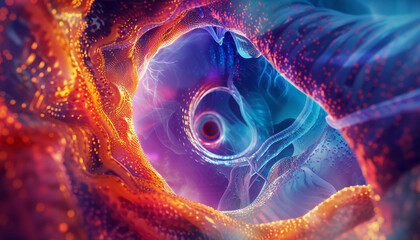 An abstract illustration of a holographic endoscopy procedure with vibrant ethereal layers representing the different tissue densities and structures merging medical accuracy with artistic