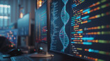 Fototapeta  - Detailed view of a computer interface used by geneticists showing a complex genome mapping software with colorful DNA strands without displaying any personal identity in a modern research lab