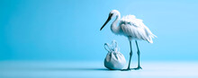 A Stork Bird With A Small Bag On A Cyan Isolated Panoramic Background Of A Banner With Space For Copying Or Text.