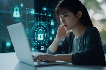 Wall Mural - Businesswoman protecting personal data information on laptop. Cyber security network concept