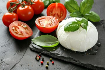 Poster - One large ball of soft Italian mozzarella bufala campania cheese with red tomato and green basil leaves on a black stone plate