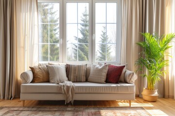 Canvas Print - Living room interior with fashionable curtains on windows