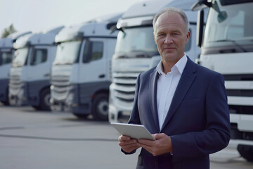 Professional Manager with Tablet at Truck Fleet in logistics hub