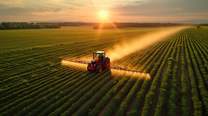 modern tractor spraying rural farmland , drone shot