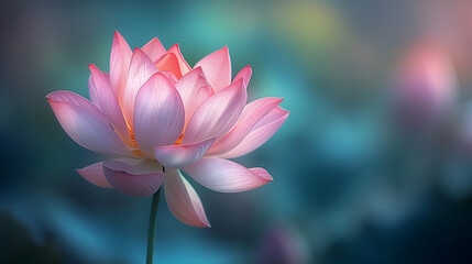 Wall Mural - Lotus flower with a soft pink gradient, set against a blurred turquoise background, close-up