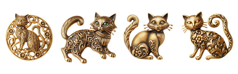 4 Old fashioned cat brooch made of gold with intricate design set against a transparent background