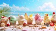 Gourmet ice-cream served in wafer cups in the golden sand on a tropical beach in summer with chocolate, vanilla and strawberry flavours against a blue sky in a panorama banner