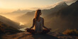 Yoga woman meditating in lotus pose on mountain top with valley