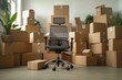 © LivroomStudio - Stack of cardboard boxes with stuff and office chair in empty office room. Moving to new office, relocating, crisis, remote working, start new business, e-commerce concept