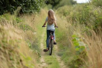 Wall Mural - girl with a bicycle at the end of an overgrown track