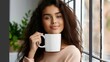 © Siti - beautiful girl next to the window holding white coffee mug 11 oz white porcelain mug mock up