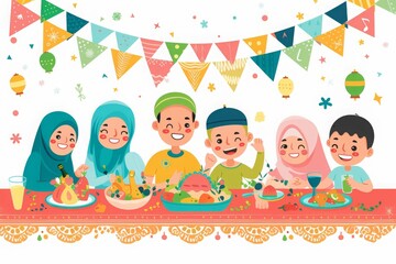 illustration Muslim family eating meal on Ramadhan and enjoying together in happiness in the living room