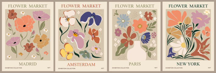 Wall Mural - Set of abstract flower market posters. Trendy botanical wall arts with floral design in danish pastel colors. Modern naive groovy funky interior decorations, paintings. Vector art illustration
