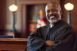 Smiling African American defense attorney standing arms crossed wearing judge's robe, looking straight into camera with eyebrows raised.