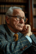 © Adrian - Thoughtful giant older man with receding grey hairline and wire glasses analyzing camera frame in his wood paneled law office study.