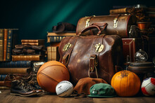Vintage Still Life With Old Suitcase, Baseball, Basketball, Rugby Ball, Hat And Other Items.