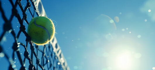 Wall Mural - A tennis ball hitting a tennis court net