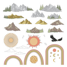 Retro Groovy Wild Nature Mountains Landscape Sky Celestial Objects Vector Illustration Set Isolated On White. Mountain Hill Peak Rocks Bald Eagle Sun Clouds Rainbow Moon Stars Print Collection. Happy