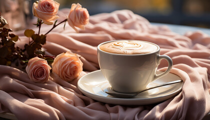 Poster - A fresh cappuccino on a wooden table, a cozy delight generated by AI