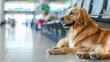 © edojob - assistance dog is laying on the floor in an airport waiting area, copy space