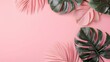 Pastel pink background with tropical leaf palm, monstera with a place for your product, copy space. generative AI
