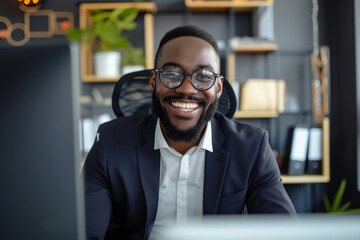 Wall Mural - Happy smiling African American business man in suit and glasses looking at monitor screen camera having online webinar or video call or conference with colleague sitting in office. 