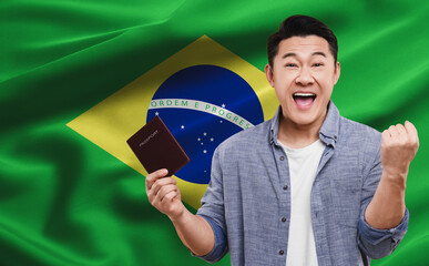 Wall Mural - Immigration. Happy man with passport against national flag of Brazil, space for text. Banner design