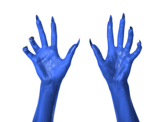 Wall Mural - Creepy monster. Blue hands with claws isolated on white