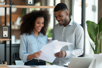 Wall Mural - Portrait of two smiling business people man and woman standing in office at their workplace and looking through financial documents. Employees discussing work project or company finances.