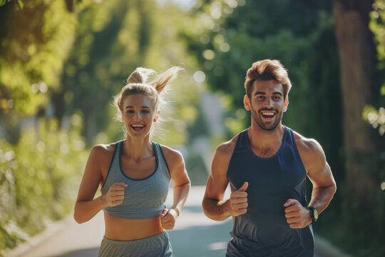 Young married couple having an outdoor fitness cardio workout. Happy husband and wife jogging on a sunny morning or evening. Smiling man and woman in sports clothes running on a green street together