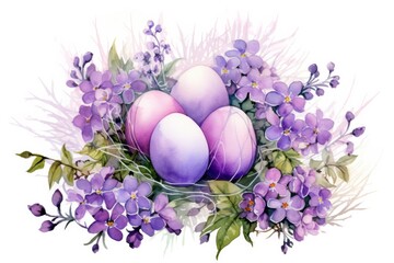  Happy easter. Composition of painted Easter eggs and spring flowers. Watercolor illustration, holiday card