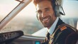 Handsome male pilot smiling in cockpit of airplane   attractive aviator gazing away in portrait shot