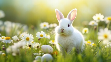 Easter holiday card. Cute fluffy little bunny in the grass with spring flowers and colorful Easter eggs. Happy easter. Spring natural background