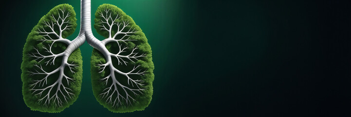 Green tree shaped like human lungs. Earth day concept. Copy space banner with a place for text. Green and ecology concept. Nature world health or environment day concept. breathing natural