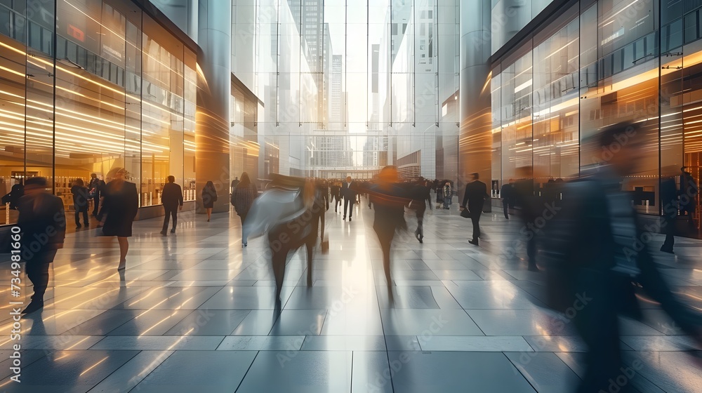 Long exposure shot of crowd of business people walking in bright office ...