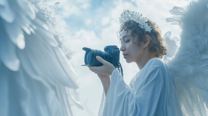 Wall Mural - A serene angel with a gentle smile guiding a photographer to capture the perfect shot with their camera.