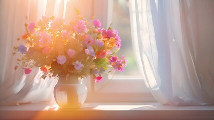 Wall Mural - wild flowers in vase on white windowsill with curtains and sunlight shining trough window. Spring in cozy home 4k video colorful