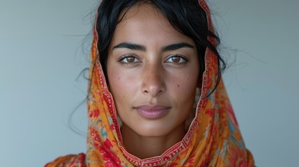 Close up portrait of young pretty Arabian woman with brunette hair looking with confident and calm at camera against grey background.