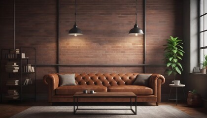 A classic vintage-style living room with a brown leather Chesterfield sofa, industrial pendant lights hanging from the ceiling, and a brick wall in the background