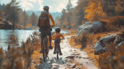 A dad and son cycling together on a scenic trail, highlighting the beauty of nature and the joy of shared physical activity.