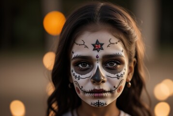 A child in a mask on the Day of All the Dead. Portrait of a scary little Mexican girl in skull makeup for Halloween. El Día de Muertos